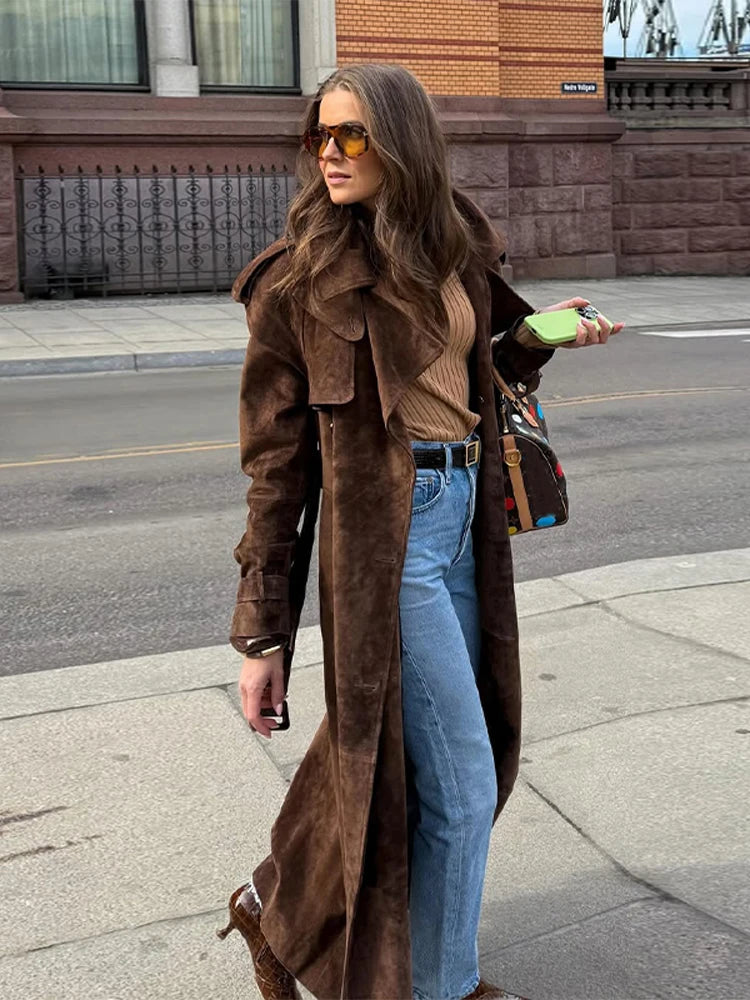 Fashion Brown Long Suede Overcoat Women Solid Chic Lapel Single Breasted Loose Outerwear Lady Autumn Daily High Street Jacket