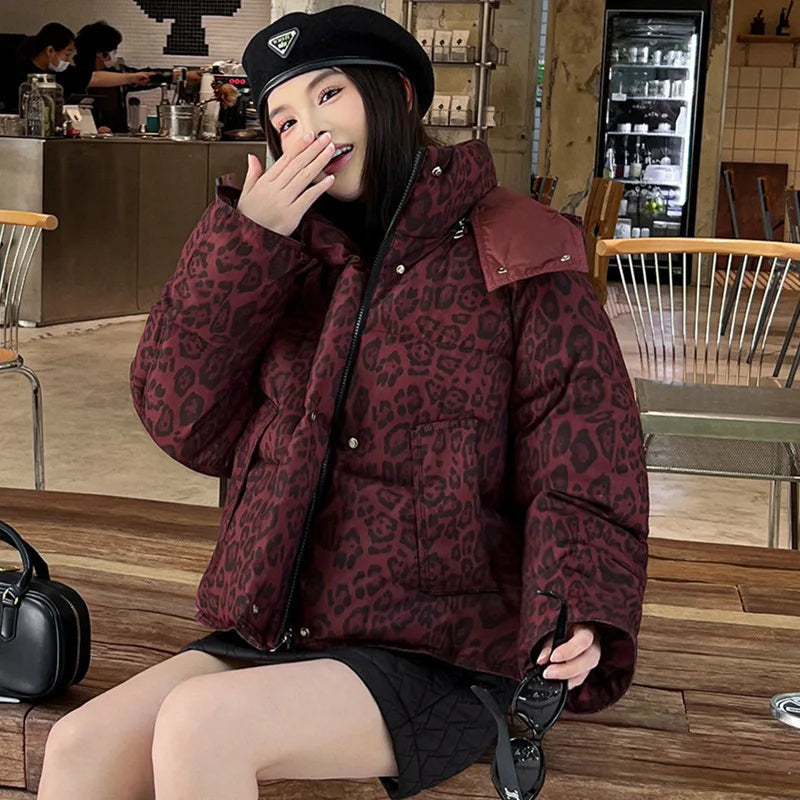 2025 Winter Women American Leopard Print Cotton Jacket Thick Short Stand Collar Streetwear Women Clothes