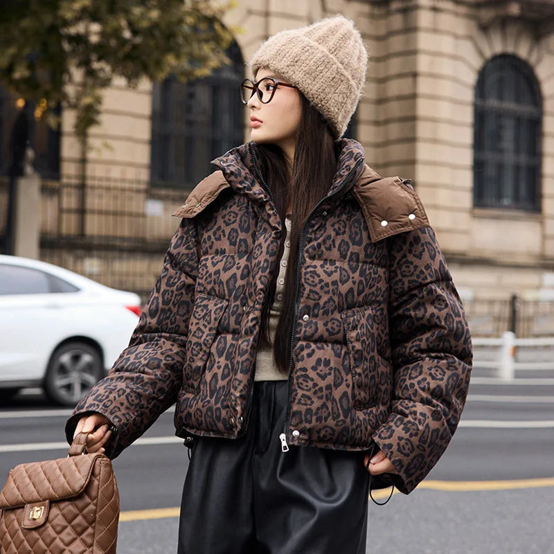 2025 Winter Women American Leopard Print Cotton Jacket Thick Short Stand Collar Streetwear Women Clothes