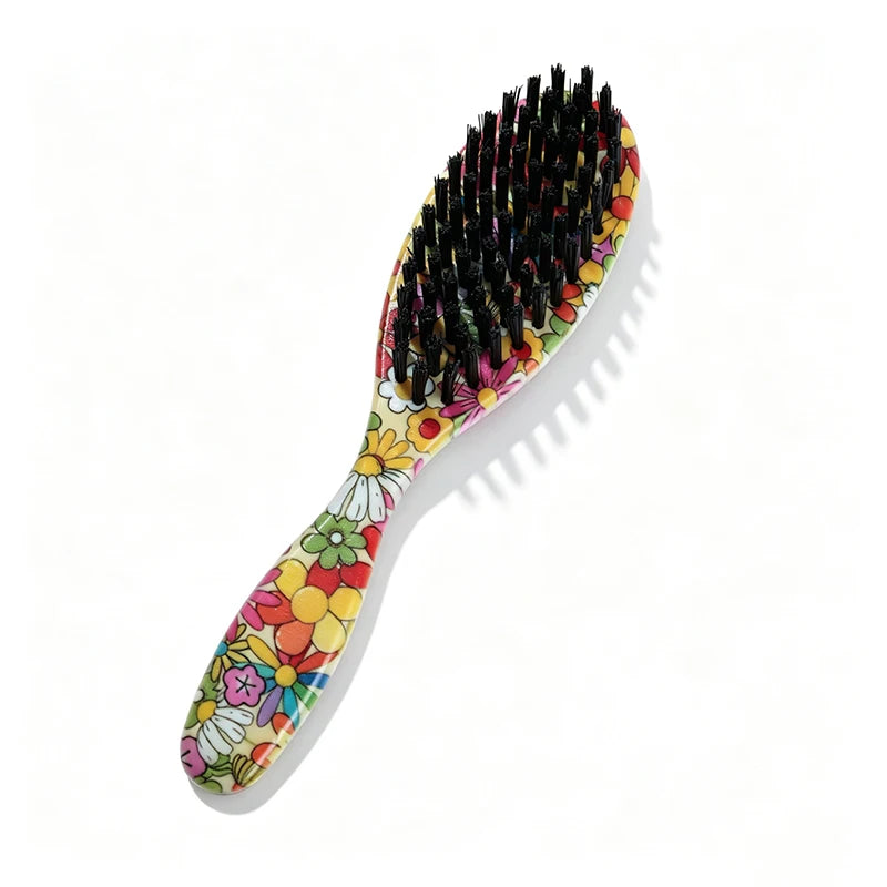 Mini Edge Brush Beard Brush Soft Medium Bristles Detangling Comb Tame Frizzy Hair Leopard Floral Rainbow Patterns Unisex Travel
