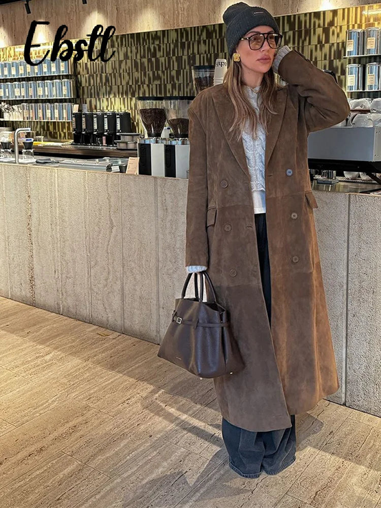 High Street Double-breasted Suede Jackets Women's Vintage Turn-down Collar Split Long Coat 2025 Autumn Winter New Ladies Outwear