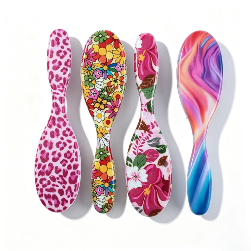 Mini Edge Brush Beard Brush Soft Medium Bristles Detangling Comb Tame Frizzy Hair Leopard Floral Rainbow Patterns Unisex Travel