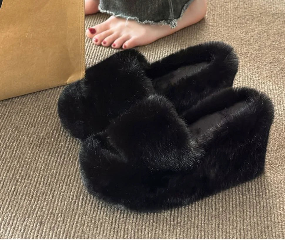 Women's 9cm Wedge Plush Slippers Autumn Winter Slip-Resistant Sole Fuzzy Slippers Comfort Warm Indoor Outdoor Thick Fur Shoes