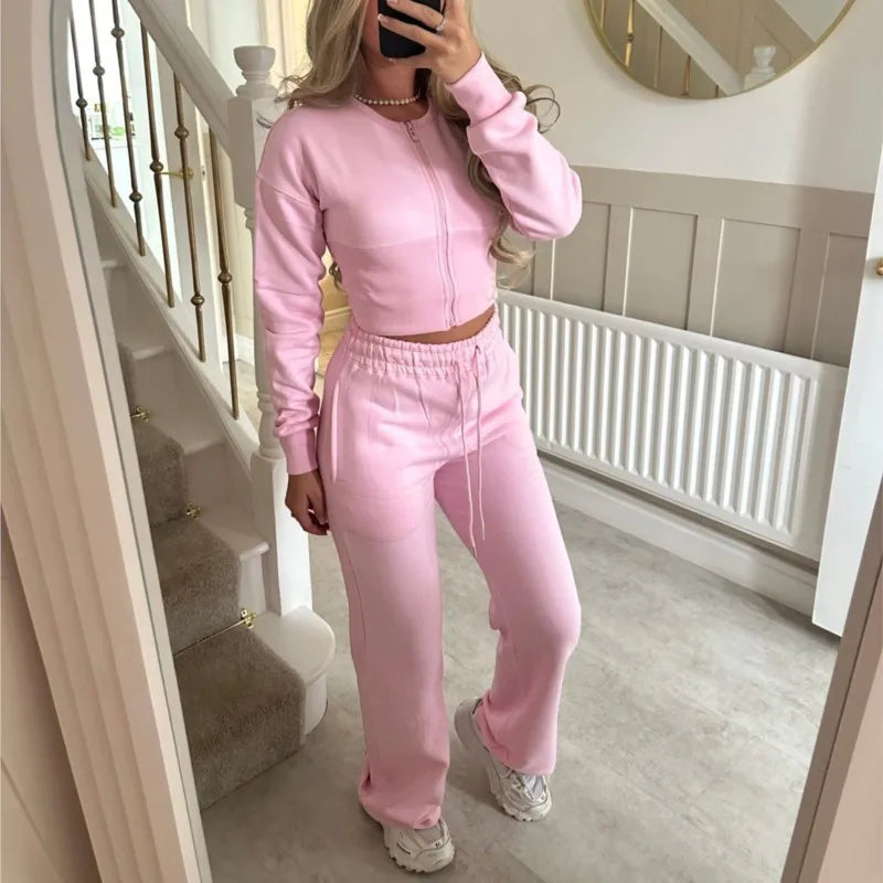 Women's Casual Sports Two-piece Set Autumn And Winter New Fashion Long-sleeved Zipper Cardigan Slim Top With Straight Pants Suit