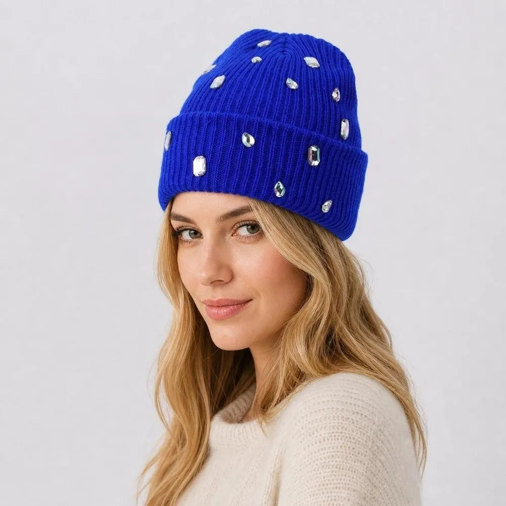 Rhinestone-embellished Beanie Hat Solid Color Punk-style Rhinestone-adorned Hat Soft Stretchy Pullover Knit Cap Winter
