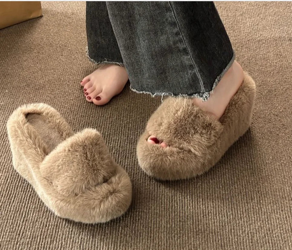 Women's 9cm Wedge Plush Slippers Autumn Winter Slip-Resistant Sole Fuzzy Slippers Comfort Warm Indoor Outdoor Thick Fur Shoes