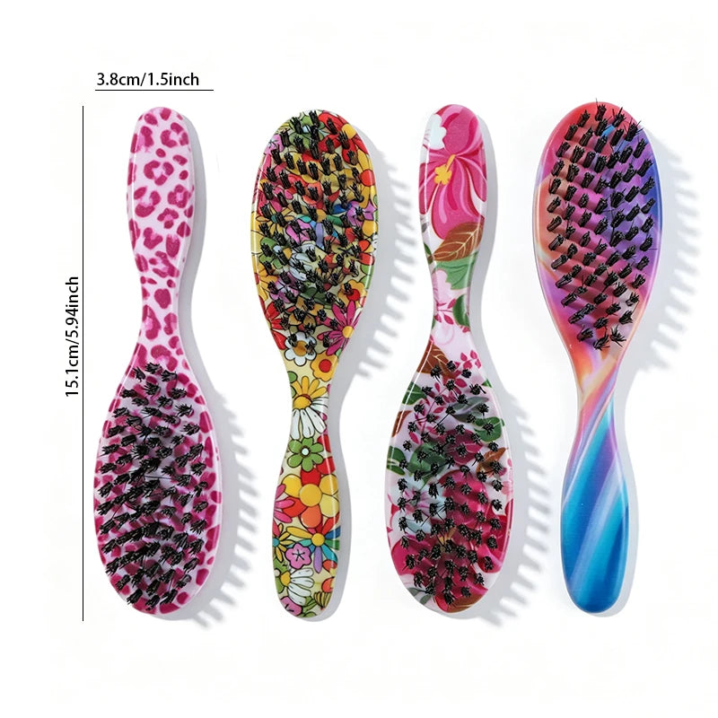Mini Edge Brush Beard Brush Soft Medium Bristles Detangling Comb Tame Frizzy Hair Leopard Floral Rainbow Patterns Unisex Travel