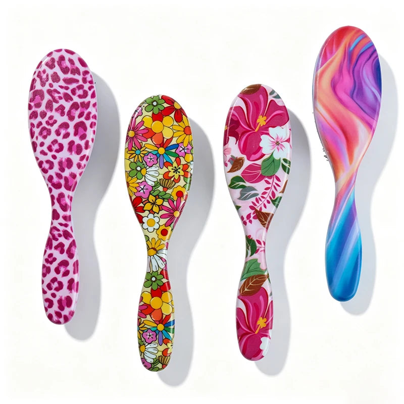 Mini Edge Brush Beard Brush Soft Medium Bristles Detangling Comb Tame Frizzy Hair Leopard Floral Rainbow Patterns Unisex Travel