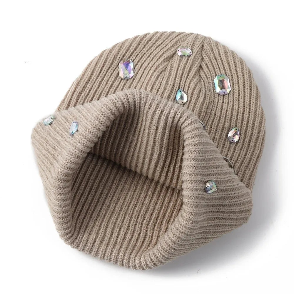 Rhinestone-embellished Beanie Hat Solid Color Punk-style Rhinestone-adorned Hat Soft Stretchy Pullover Knit Cap Winter