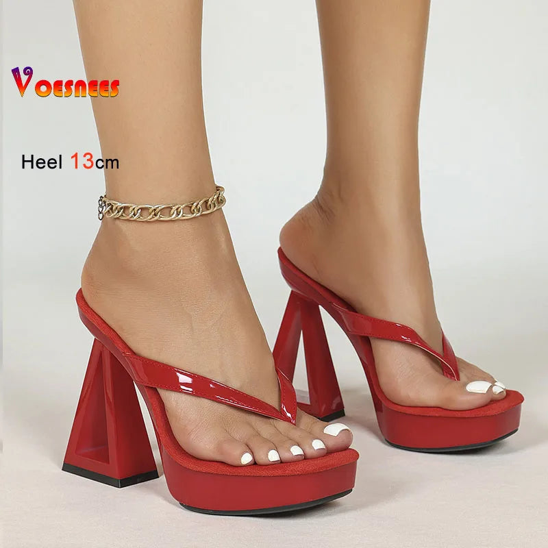 Hollow Block Heel Women Flip Flops 13cm Super High Heel Platform Slippers Patent Leather Slip On Sandals Party Dress Lady Shoes