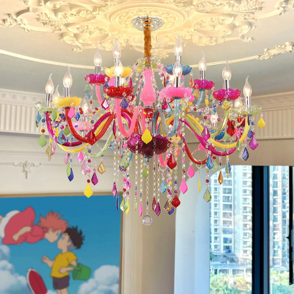 European-style Children's Room Chandelier Girls' Princess Bedroom Light Creative Cartoon-inspired Colored Crystal Lamp 3C