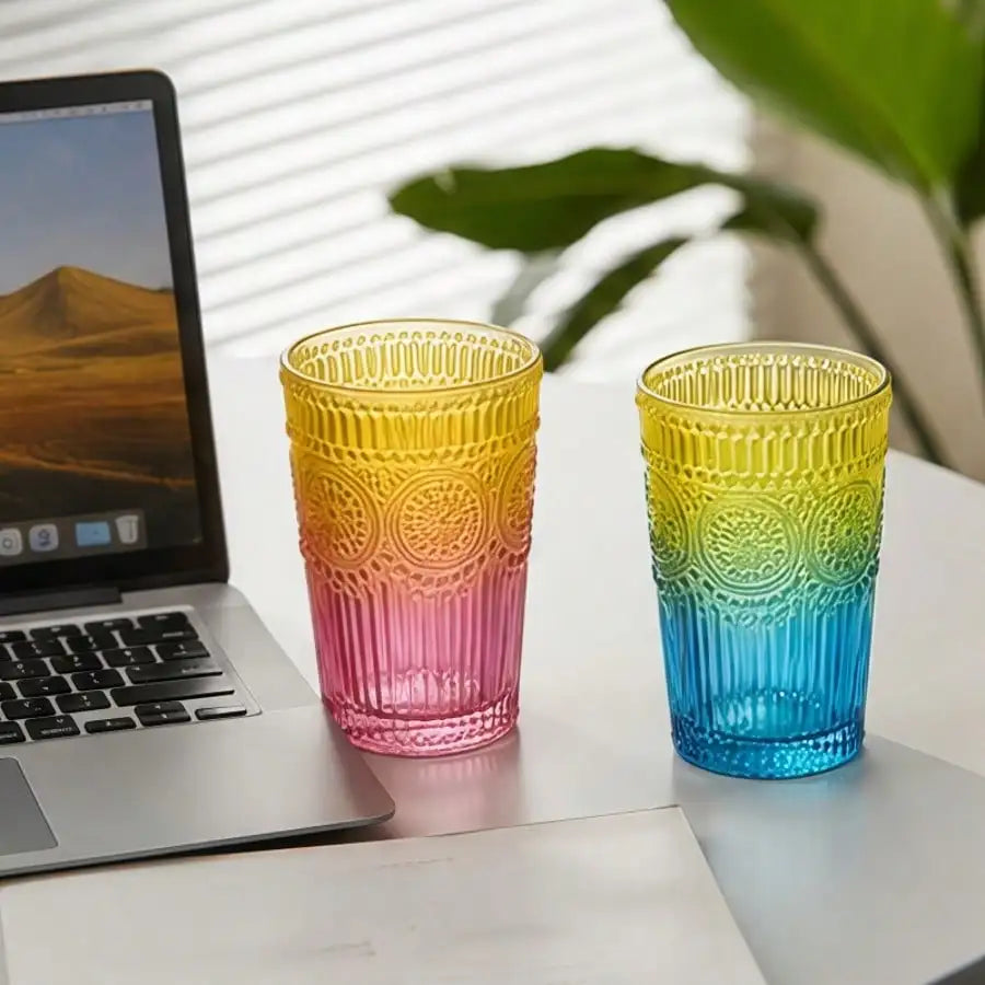 6 Pieces 12oz/354ml, Colorful Retro Water Cup, Romantic Drinking Cup, High-Quality Glassware Set, Suitable For Juice, Beverages, Coffee, Milk And Other Drinks, Very Suitable For Parties, Weddings And Festivals.sh2605221452864