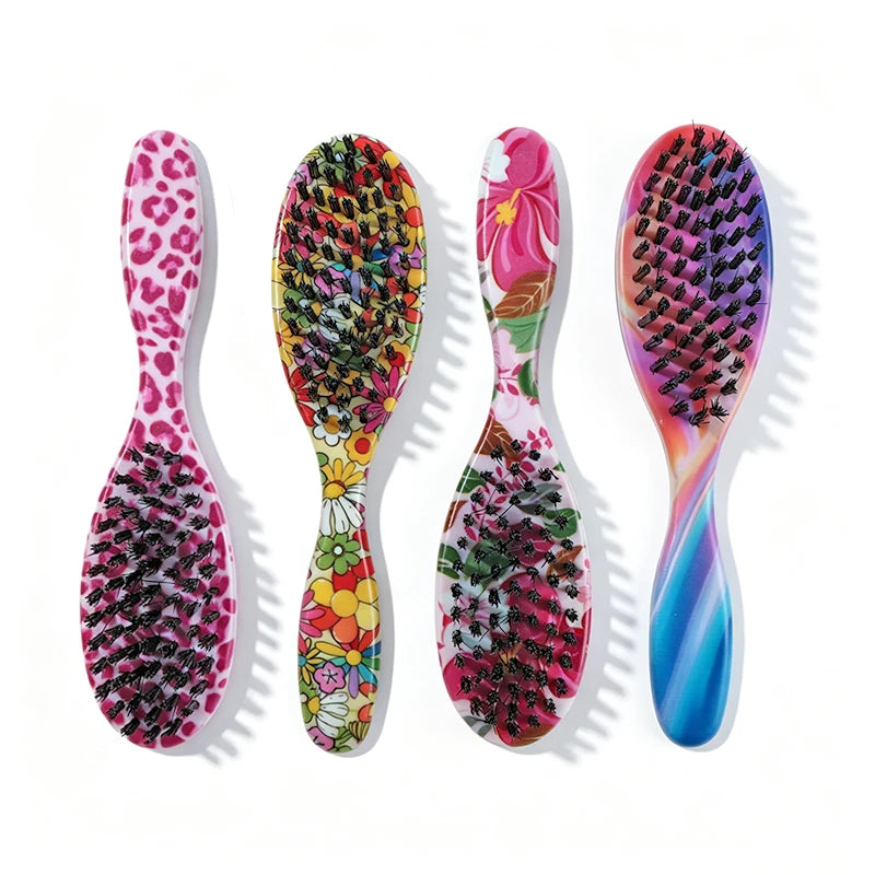 Mini Edge Brush Beard Brush Soft Medium Bristles Detangling Comb Tame Frizzy Hair Leopard Floral Rainbow Patterns Unisex Travel
