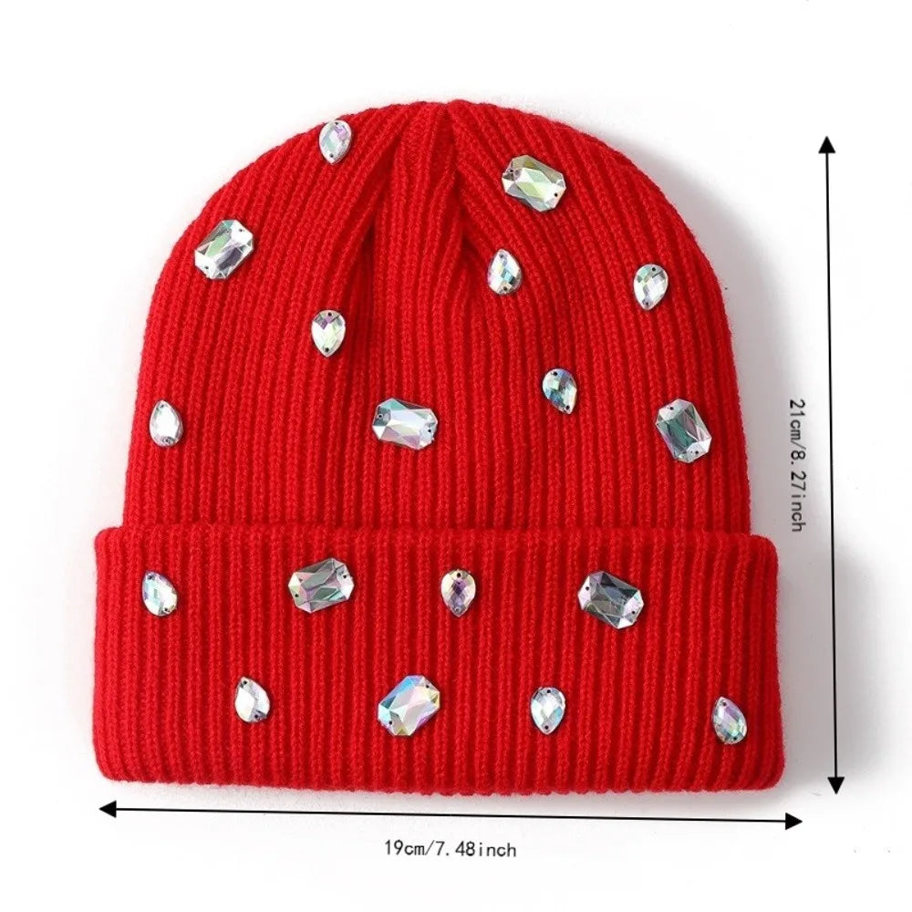 Rhinestone-embellished Beanie Hat Solid Color Punk-style Rhinestone-adorned Hat Soft Stretchy Pullover Knit Cap Winter