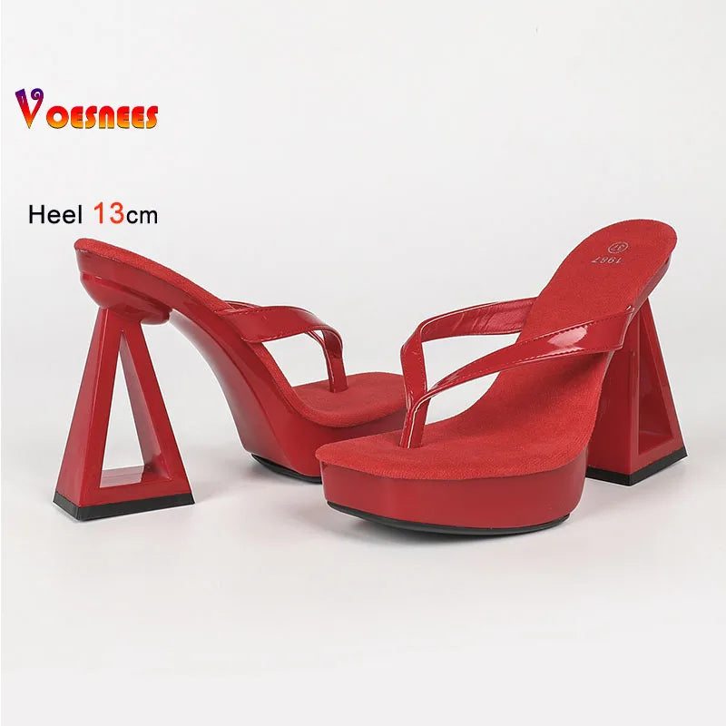 Hollow Block Heel Women Flip Flops 13cm Super High Heel Platform Slippers Patent Leather Slip On Sandals Party Dress Lady Shoes