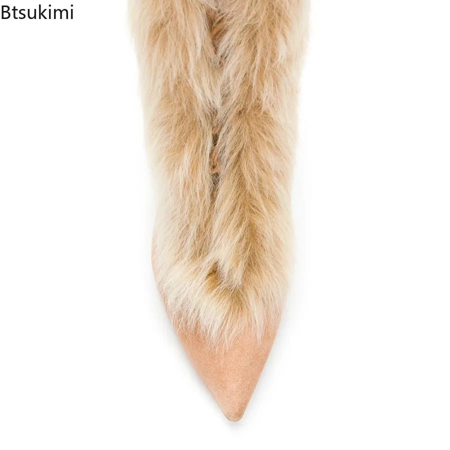 Elegant Lady Bunny Fur Knee High Boots Winter Sexy Warm High Heel Pointed Toe Plus Size Long Boots Fashion Women Stiletto Boots