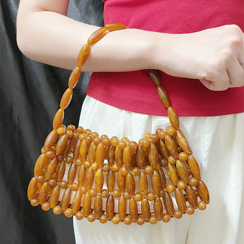 Niche Design 2025 New Handmade Bead Weaving Hollow Out Dopamine Leisure Versatile Beach Handbag