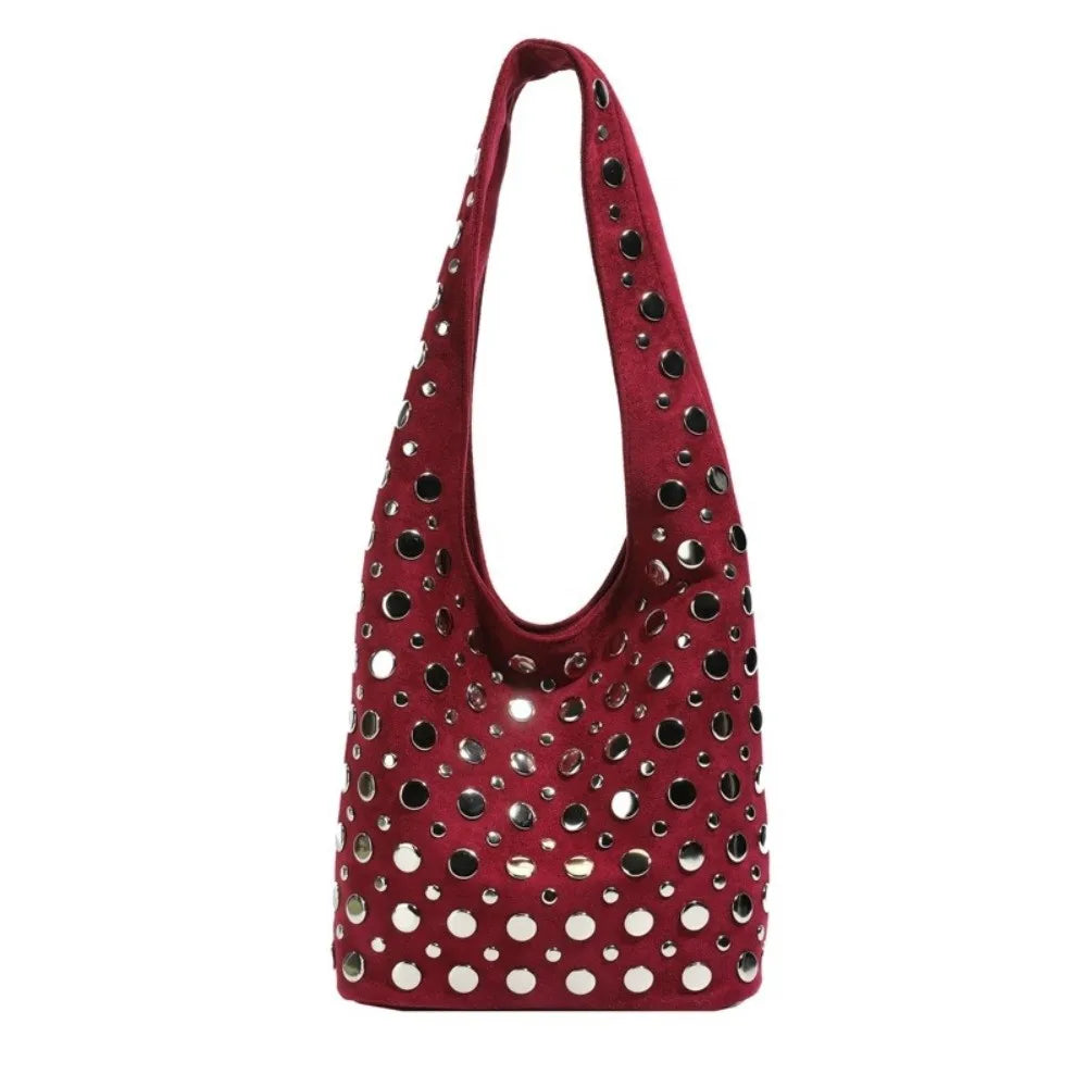 Elegant Rivet Decoration Hobo Shoulder Bag Suede Solid Color Bucket Handbag Large Capacity Underarm Tote For Women