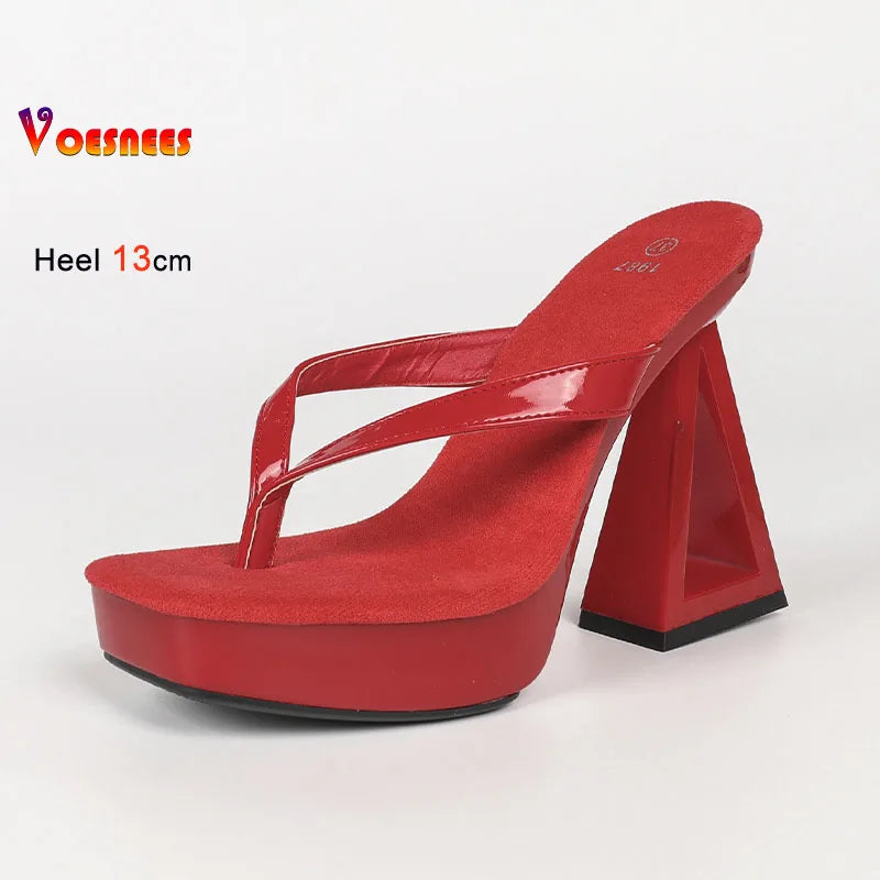 Hollow Block Heel Women Flip Flops 13cm Super High Heel Platform Slippers Patent Leather Slip On Sandals Party Dress Lady Shoes