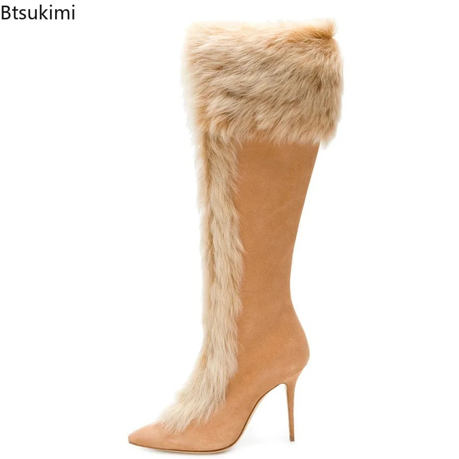 Elegant Lady Bunny Fur Knee High Boots Winter Sexy Warm High Heel Pointed Toe Plus Size Long Boots Fashion Women Stiletto Boots