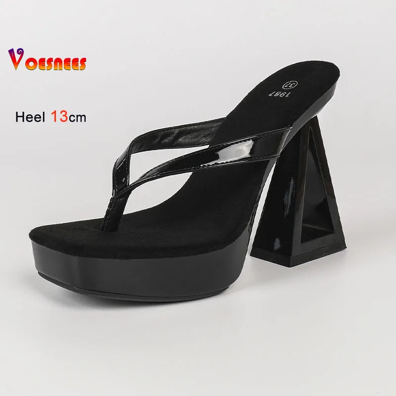 Hollow Block Heel Women Flip Flops 13cm Super High Heel Platform Slippers Patent Leather Slip On Sandals Party Dress Lady Shoes