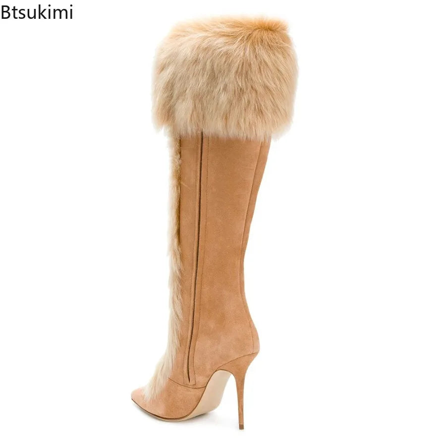 Elegant Lady Bunny Fur Knee High Boots Winter Sexy Warm High Heel Pointed Toe Plus Size Long Boots Fashion Women Stiletto Boots