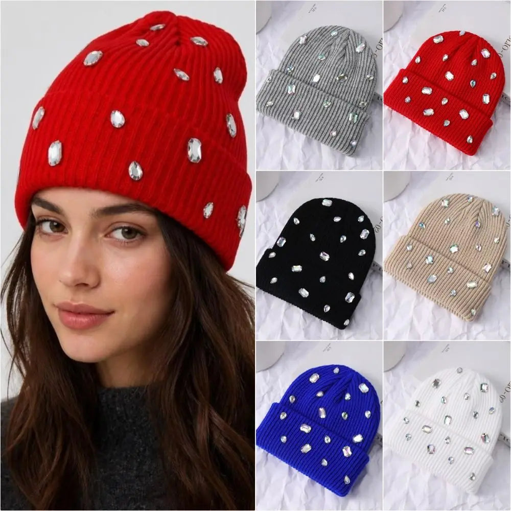 Rhinestone-embellished Beanie Hat Solid Color Punk-style Rhinestone-adorned Hat Soft Stretchy Pullover Knit Cap Winter