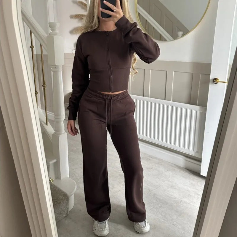 Women's Casual Sports Two-piece Set Autumn And Winter New Fashion Long-sleeved Zipper Cardigan Slim Top With Straight Pants Suit