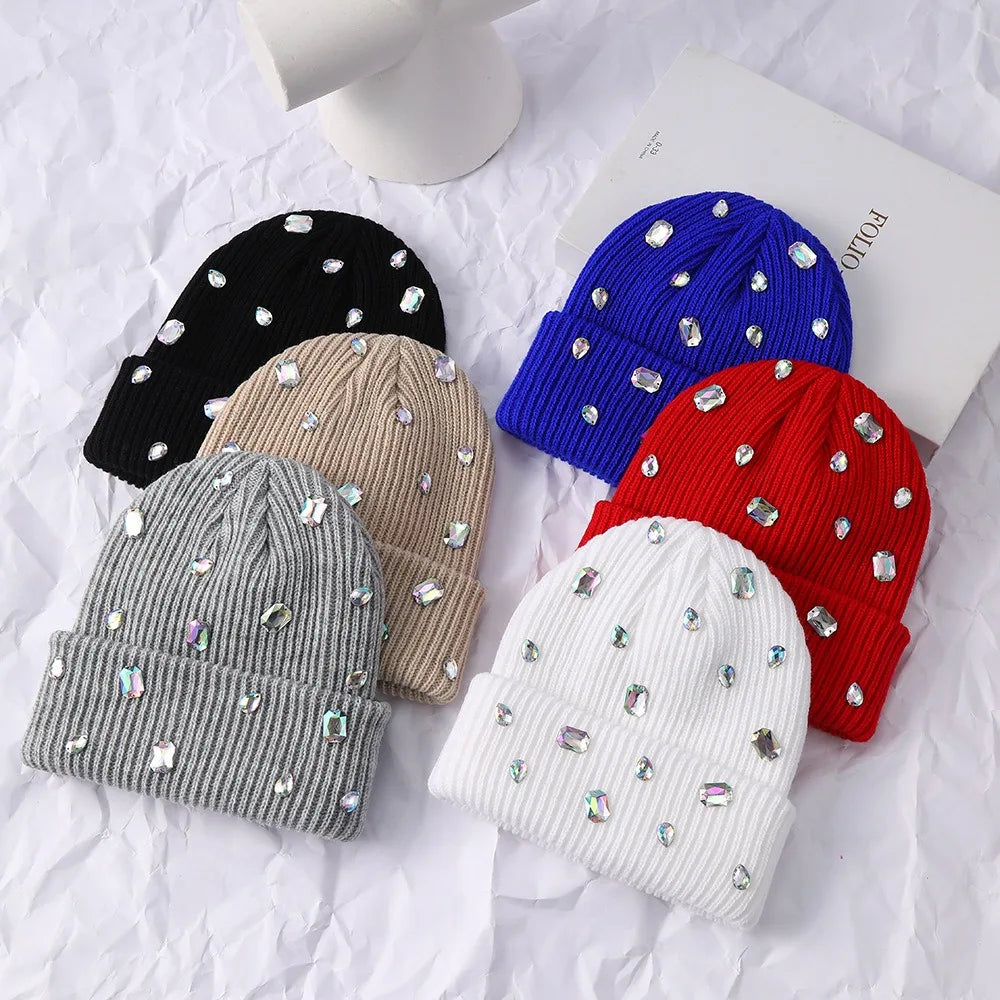 Rhinestone-embellished Beanie Hat Solid Color Punk-style Rhinestone-adorned Hat Soft Stretchy Pullover Knit Cap Winter