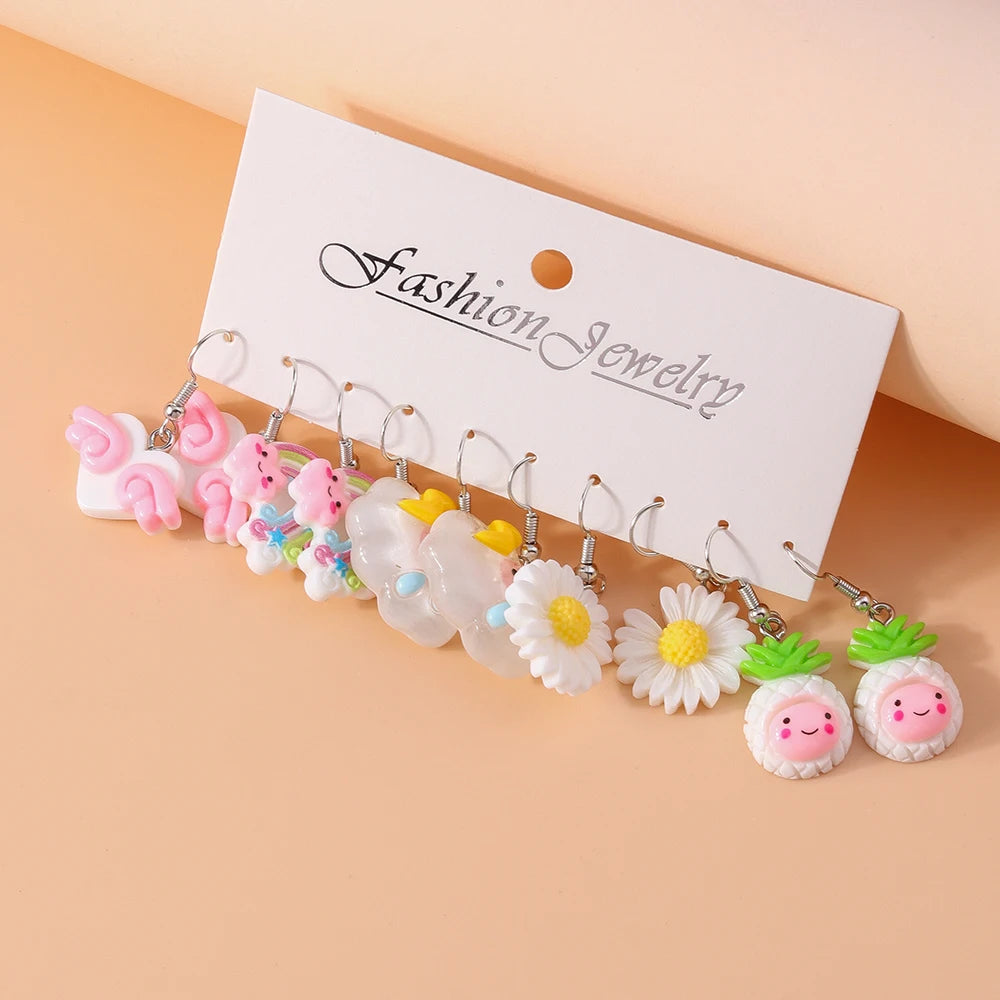 5 pares/Pendientes "Jardín de la Cascada" – Set Tropical Hi'ilawe 🌺🌿🍍🍋‍🟩