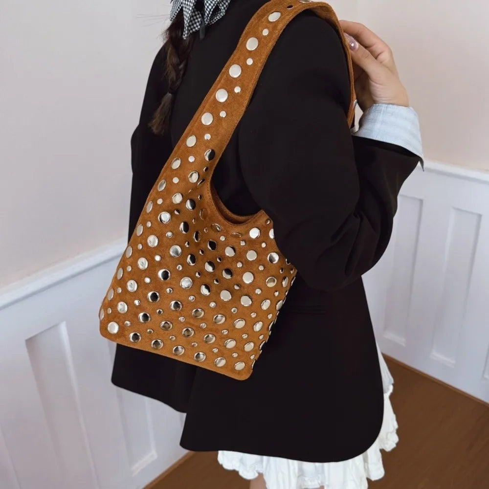 Elegant Rivet Decoration Hobo Shoulder Bag Suede Solid Color Bucket Handbag Large Capacity Underarm Tote For Women