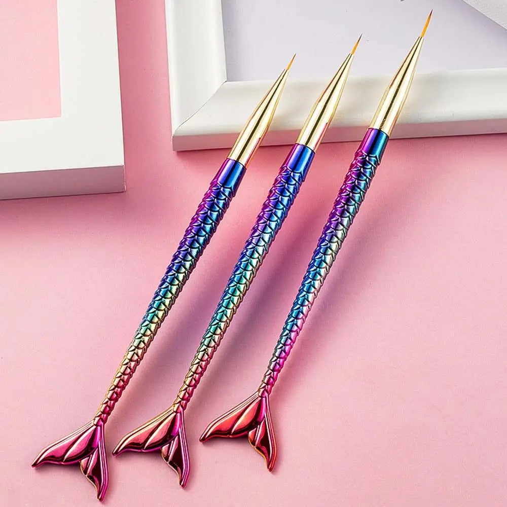 3Pcs/set Mermaid Tail Shape Mermaid Nail Painting Brush UV Gel Extension Flower Line Grid Mermaid Nail Art Liner Pen