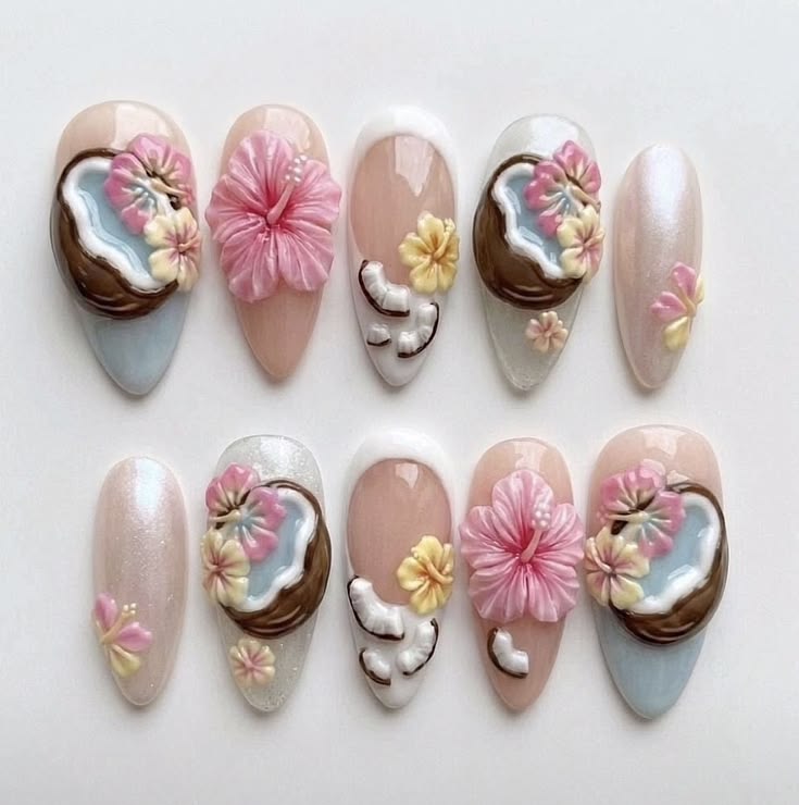 Coconut Hibiscus Nails 🌺🥥